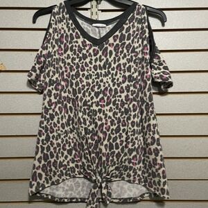 First Love By Lovelyn Multicolored‎ Leopard Cheetah V Neck Cold Shoulder Shirt S